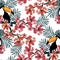 Colorful tropical seamless pattern with funny toucans,flowers and leafs.Summer vector background.Graphic textile texture