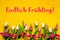 Colorful Tulip, Endlich Fruehling Mean Finally Spring, Ribbon, Yellow Background