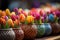 Colorful tulips in baskets hang on a flower display creating a vibrant and cheerful scene for floral enthusiasts, palm sunday
