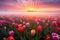 Colorful tulips field in morning mist