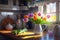 Colorful Tulips in Pitcher on a Quaint Country Countertop - Generative AI