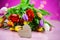 Colorful tulips with wooden heart, women`s day, mother`s day, va