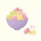 Colorful Turkish delight or rahat lokum and nougat in bowl isolated on light background. Tasty oriental sweets