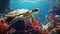 Colorful Turtle Swimming Amongst Coral In Vignette Style