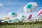 The colorful umbrella hang on the strawberry farm