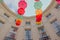 Colorful umbrella`s hanging in front of the Royal theatre in The Hague