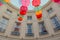 Colorful umbrella`s hanging in front of the Royal theatre in The Hague