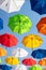 Colorful umbrellas. Bottom view. Conceptual art object. No labels or identification marks. Place for your text. Colorful