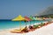 Colorful umbrellas at Dhermi beach. Vlore county. Albania