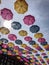 Colorful umbrellas hanging from sky in Wausau, Wisconsin