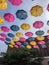Colorful umbrellas hanging from sky in Wausau, Wisconsin