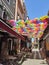 Colorful umbrellas on the street in Karakoy district in Istanbul, Turkey. Summer sunny day