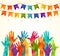 Colorful up hands. Vector illustration, an association, unity, partners, company, friendship, friends background Volunteers celebr
