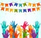 Colorful up hands. Vector illustration, an association, unity, partners, company, friendship, friends background Volunteers celebr