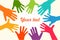 Colorful up hands. Vector illustration, an associers celation, unity, partners, company, friendship, friends background Volunteebr