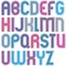 Colorful uppercase letters with rounded corners, bold striped font.