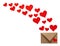Colorful Valentine Day greeting card envelopes with heart. Red hearts pours out of the envelope isolated on white. Hearts fly out
