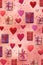 Colorful Valentine\\\'s Day hearts and gift boxes texture. Colorful illustration.