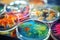 Colorful variety of microorganism inside petri dish plate in laboratory with super macro zoom background, including of bacteria,