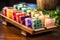 colorful variety of natural soap bars on wooden rack