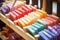 colorful variety of natural soap bars on wooden rack