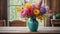 A colorful vase filled to the brim with fresh flowers perched atop a rustic wooden table displays a burst of blooms.