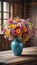 A colorful vase filled to the brim with fresh flowers perched atop a rustic wooden table displays a burst of blooms.