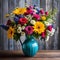 A colorful vase filled to the brim with fresh flowers perched atop a rustic wooden table displays a burst of blooms.