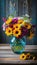 A colorful vase filled to the brim with fresh flowers perched atop a rustic wooden table displays a burst of blooms.