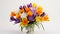 Colorful Vase Of Flowers In White: A Delicate Touch Of Orange And Purple