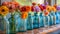 Colorful Vases With Flowers in a Row