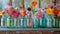 Colorful Vases With Flowers in a Row