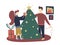 Colorful vector flat cartoon christmas illustration with festive christmas decorations, family gathering - mom, dad.
