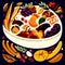 Colorful vector illustration of a bowl of pasta with various fruits and vegetables AI generated