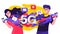 Colorful vector illustration depicting a 5G cellular network with two happy young people fast streaming dating data