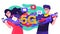 Colorful vector illustration depicting a 5G cellular network with two happy young people fast streaming dating data