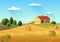 Colorful vector illustration of farmhouse in countryside with golden haystacks and blue sky.