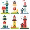 Colorful vector illustration featuring six different lighthouses, unique design colors. Coastal