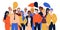 Colorful vector illustration in flat cartoon style group portrait of funny smiling office workers or clerks standing together