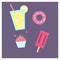 Colorful vector illustration of ice cream, lemonade, cupcake and donut