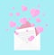 Colorful vector illustration of Letter of love, pink heart floating out of envelope, greeting card for Valentine s Day