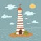 Colorful vector illustration, lighthouse on the island. Cute marine picture  for cars, prints, posters, banners, ads, wall art and
