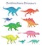 Colorful vector illustration of ornithischian dinosaurs isolated on white background. Side view. Set of dinosaurs