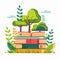 colorful vector illustration stacked books surrounded lush greenery plants natureinspired design