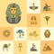 Colorful Vector illustration of Tutankhamen masks with various icons of sights and symbols of Egypt