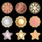 Colorful vector metallic badges, stars and florals isolated on black