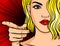 Colorful vector poster in pop art style. The girl points her finger at you. Beautiful young woman with red lips and blond hair sho