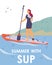 Colorful vector poster with young sport woman floating on paddle board