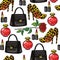 Colorful vector seamless pattern of female wardrobe items. Handbag, high-heeled shoes, perfume, flower, lipstick, isolated from wh