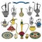 Colorful vector set of arabic ornamental crockery with teapots, pitchers, jug.